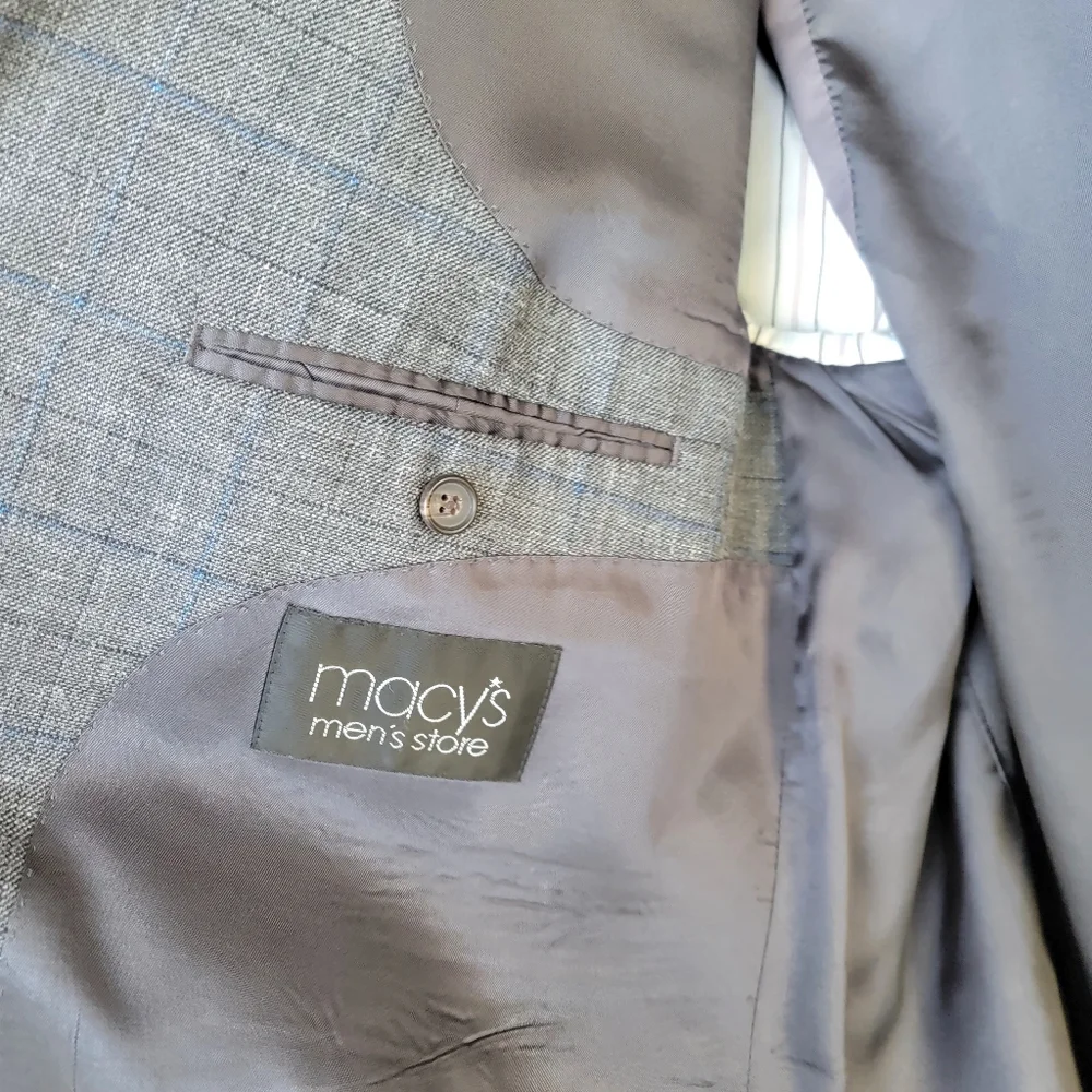 Lauren Ralph Lauren by Macy's  Grey & Blue Plaid Silk & Wool Sports Jacket 48R